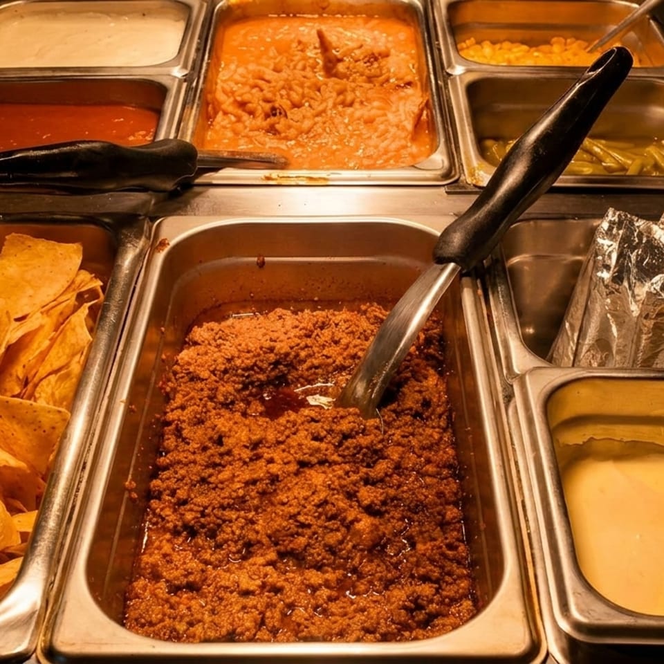 A buffet bar with various Mexican food items including nachos, ground beef, beans, and sauces.