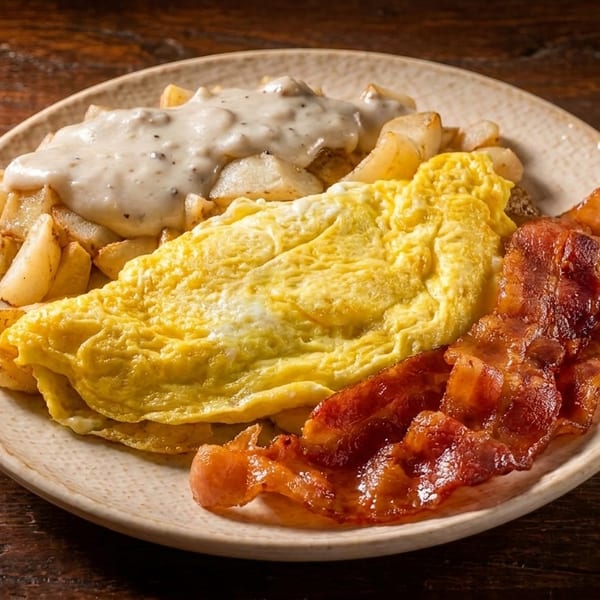 A breakfast plate with a fluffy omelet, crispy bacon, home fries, and sausage gravy.