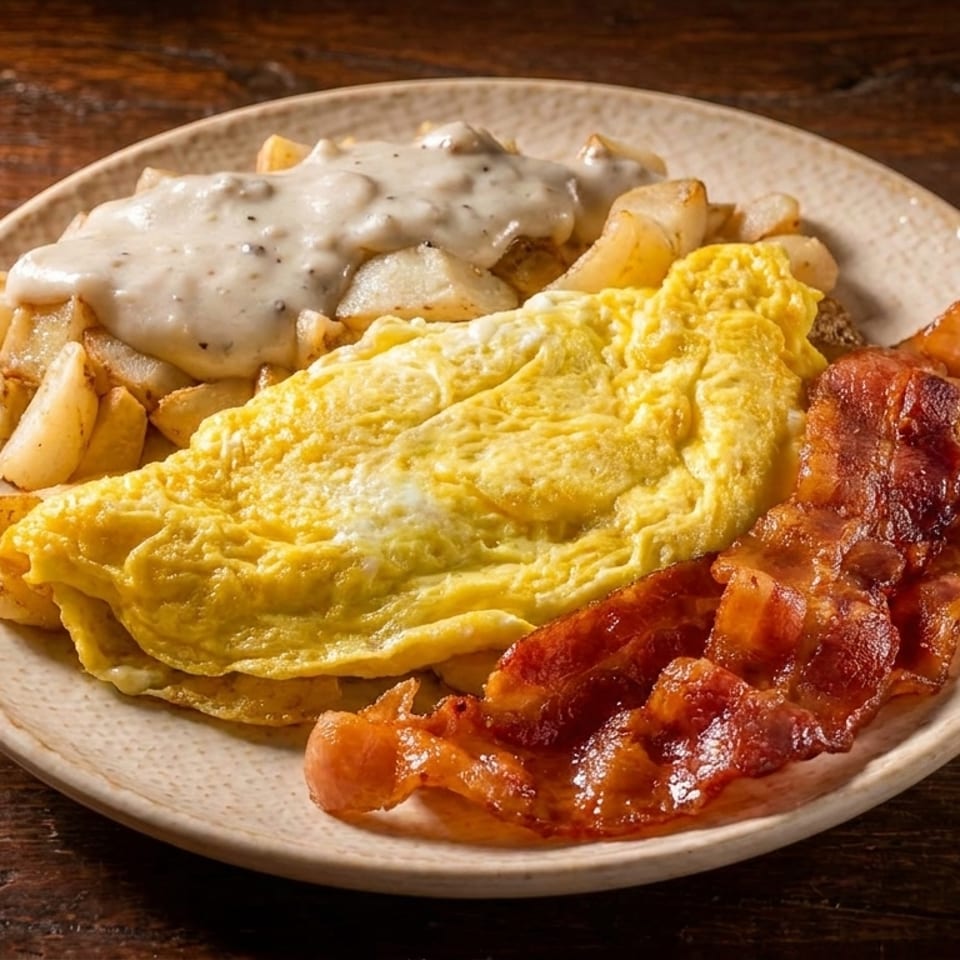 A breakfast plate with a fluffy omelet, crispy bacon, home fries, and sausage gravy.