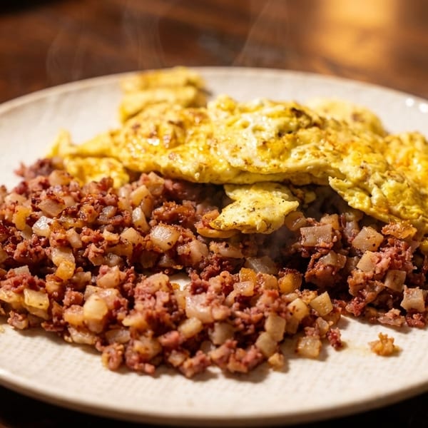Steaming plate of corned beef hash with diced potatoes and fluffy scrambled eggs on a wooden table.