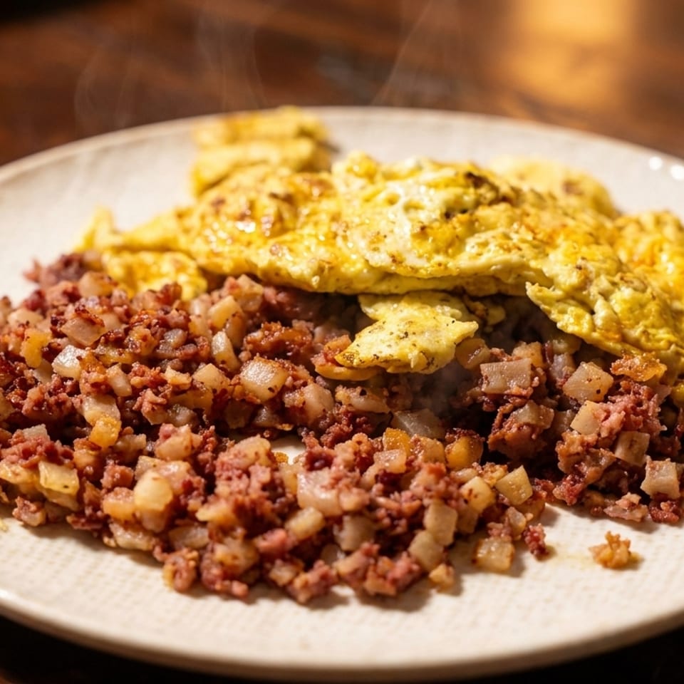 Steaming plate of corned beef hash with diced potatoes and fluffy scrambled eggs on a wooden table.