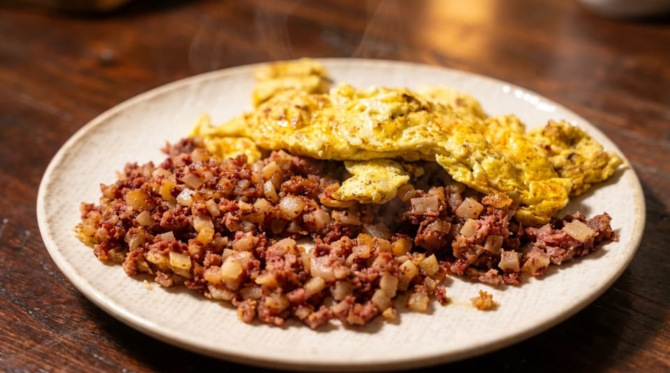 Steaming plate of corned beef hash with diced potatoes and fluffy scrambled eggs on a wooden table.
