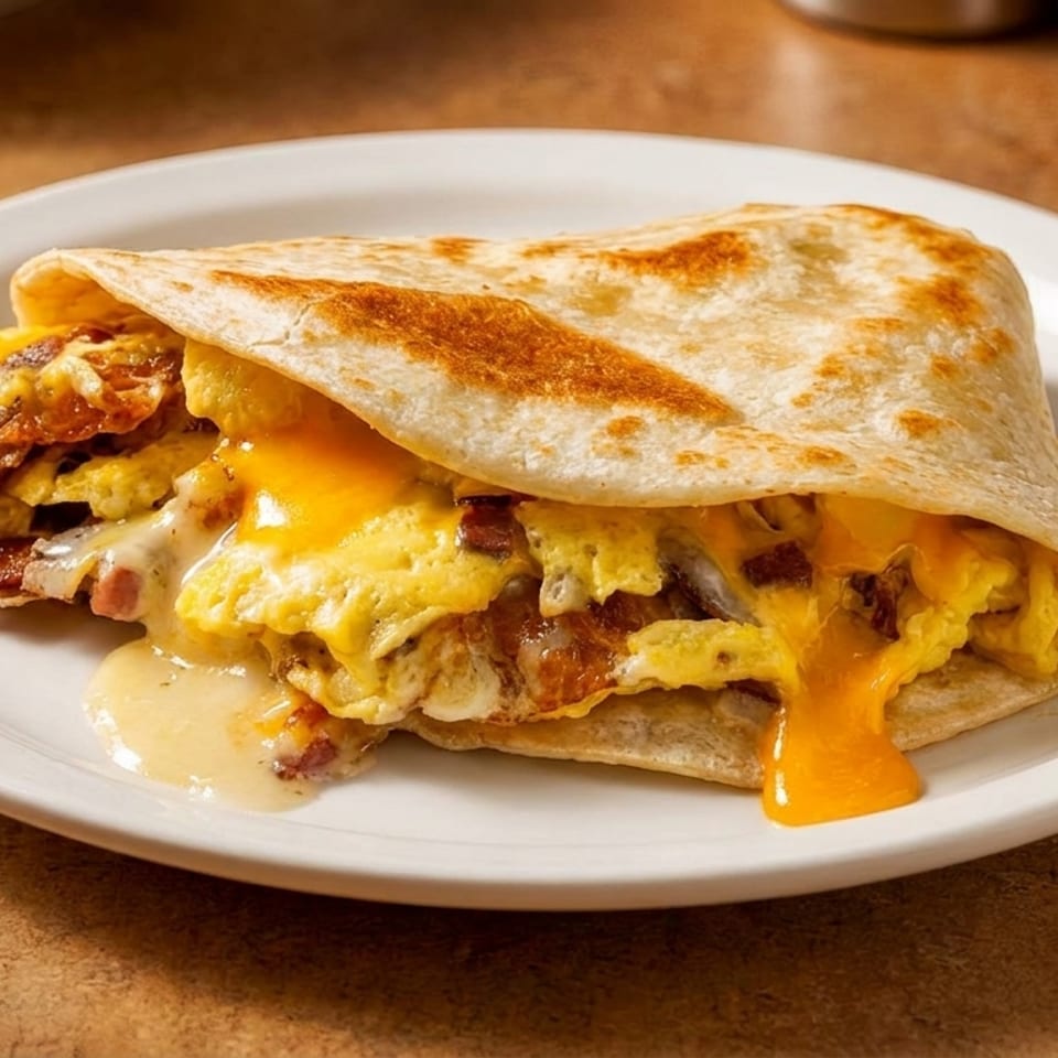 Breakfast quesadilla with scrambled eggs, bacon, and melted cheese oozing out, on a white plate.