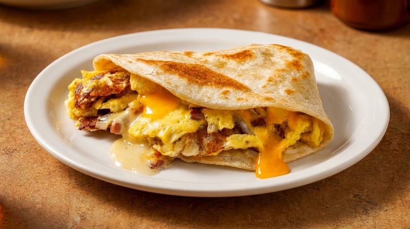 Breakfast quesadilla with scrambled eggs, bacon, and melted cheese oozing out, on a white plate.