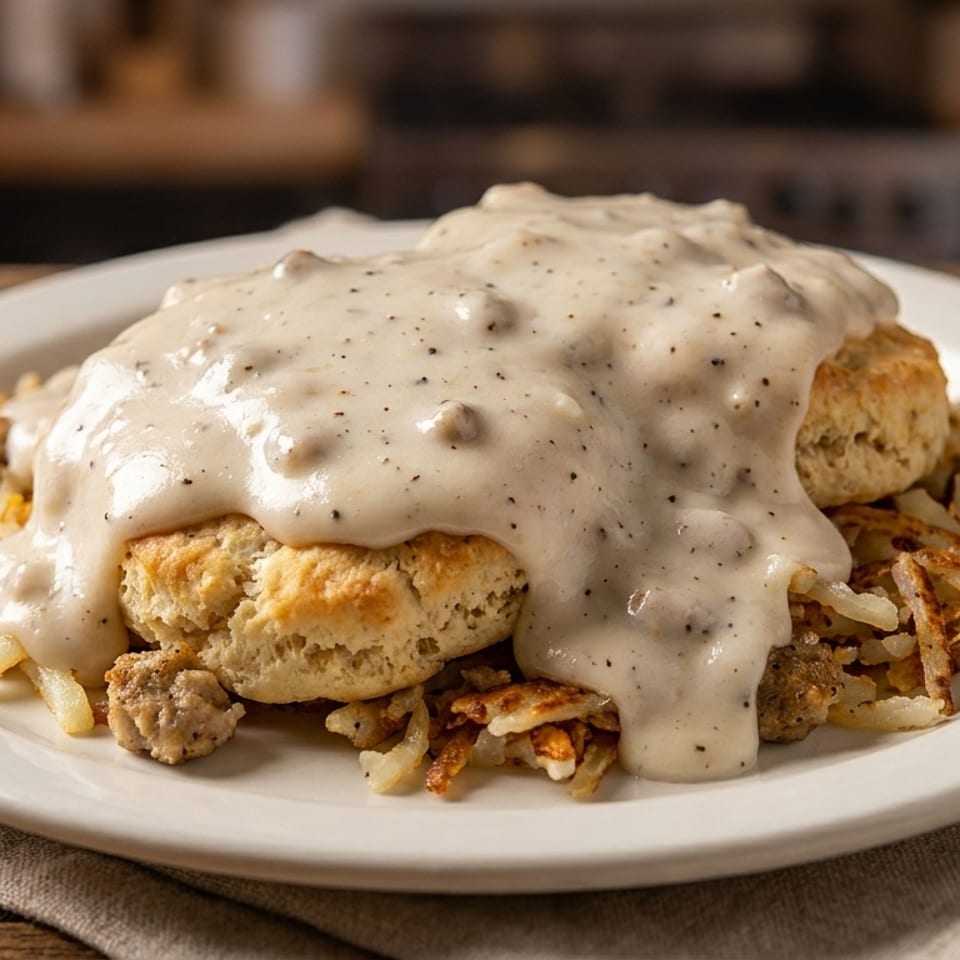 Biscuits and gravy with hash browns and sausage on a white plate, on a wooden table.