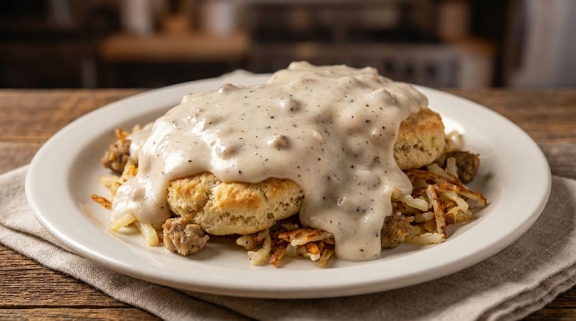 Biscuits and gravy with hash browns and sausage on a white plate, on a wooden table.