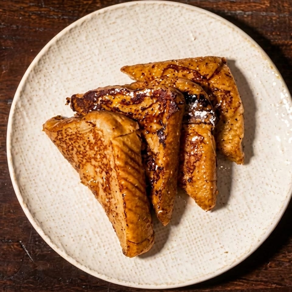 Golden brown French toast slices dusted with powdered sugar on a white plate, on a dark wooden table.