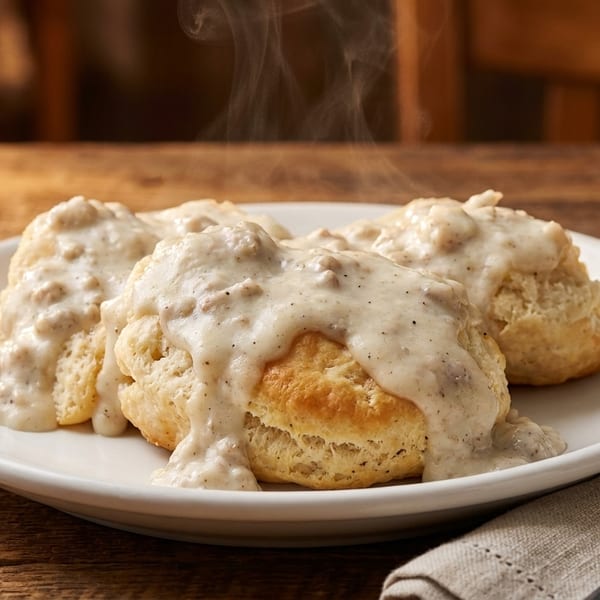 Steaming hot biscuits covered in creamy sausage gravy on a white plate with a fork.