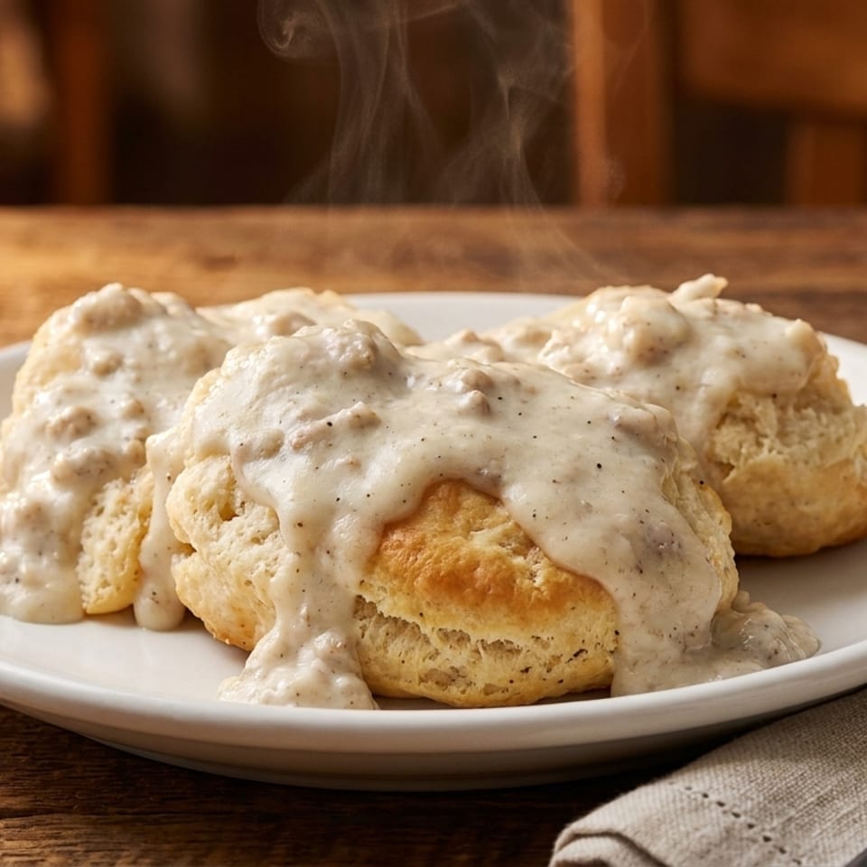 Steaming hot biscuits covered in creamy sausage gravy on a white plate with a fork.