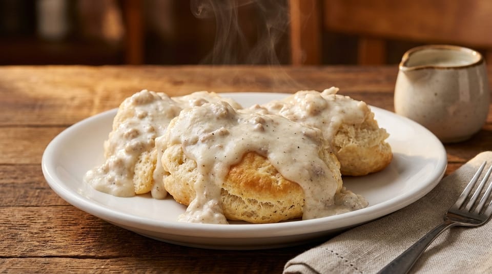 Steaming hot biscuits covered in creamy sausage gravy on a white plate with a fork.